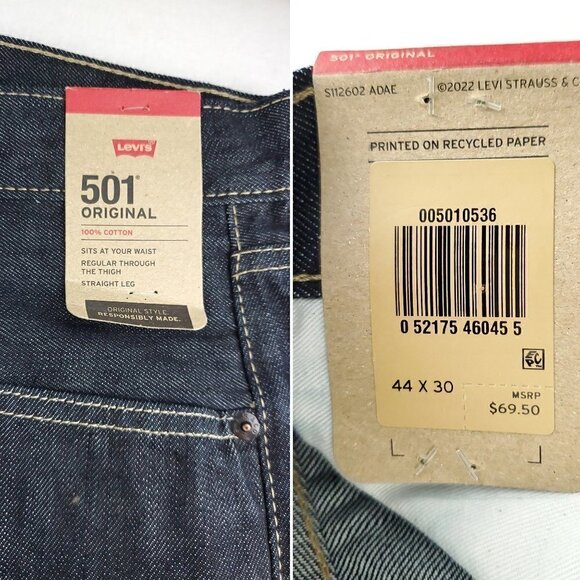 Levi's 501 Original Jeans Button Fly Dark Wash Denim 100% Cotton Men's 44x30 NWT - Picture 8 of 11